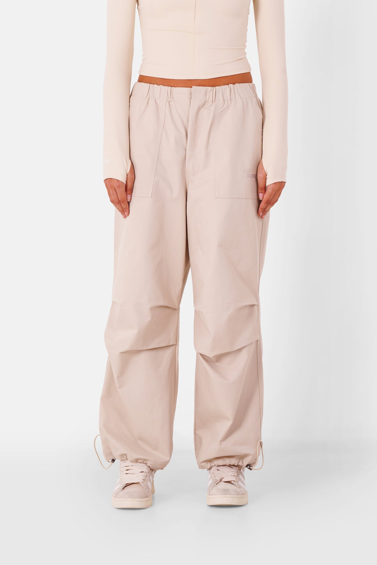 Embroidered parachute cargo pants Beige