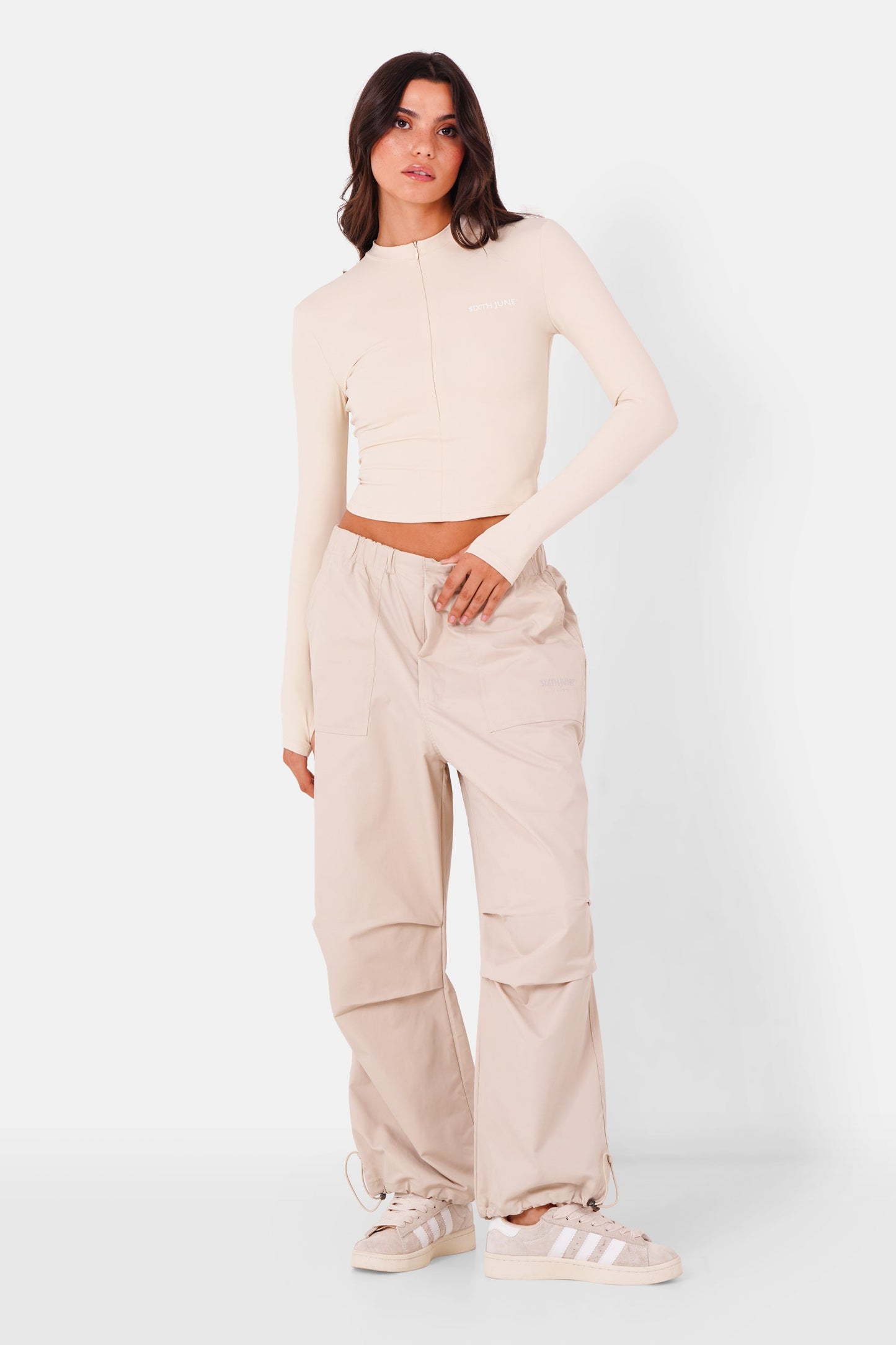 Embroidered parachute cargo pants Beige