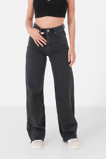 Wide leg fringed jeans Black