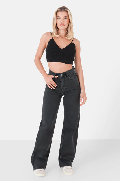 Wide leg fringed jeans Black