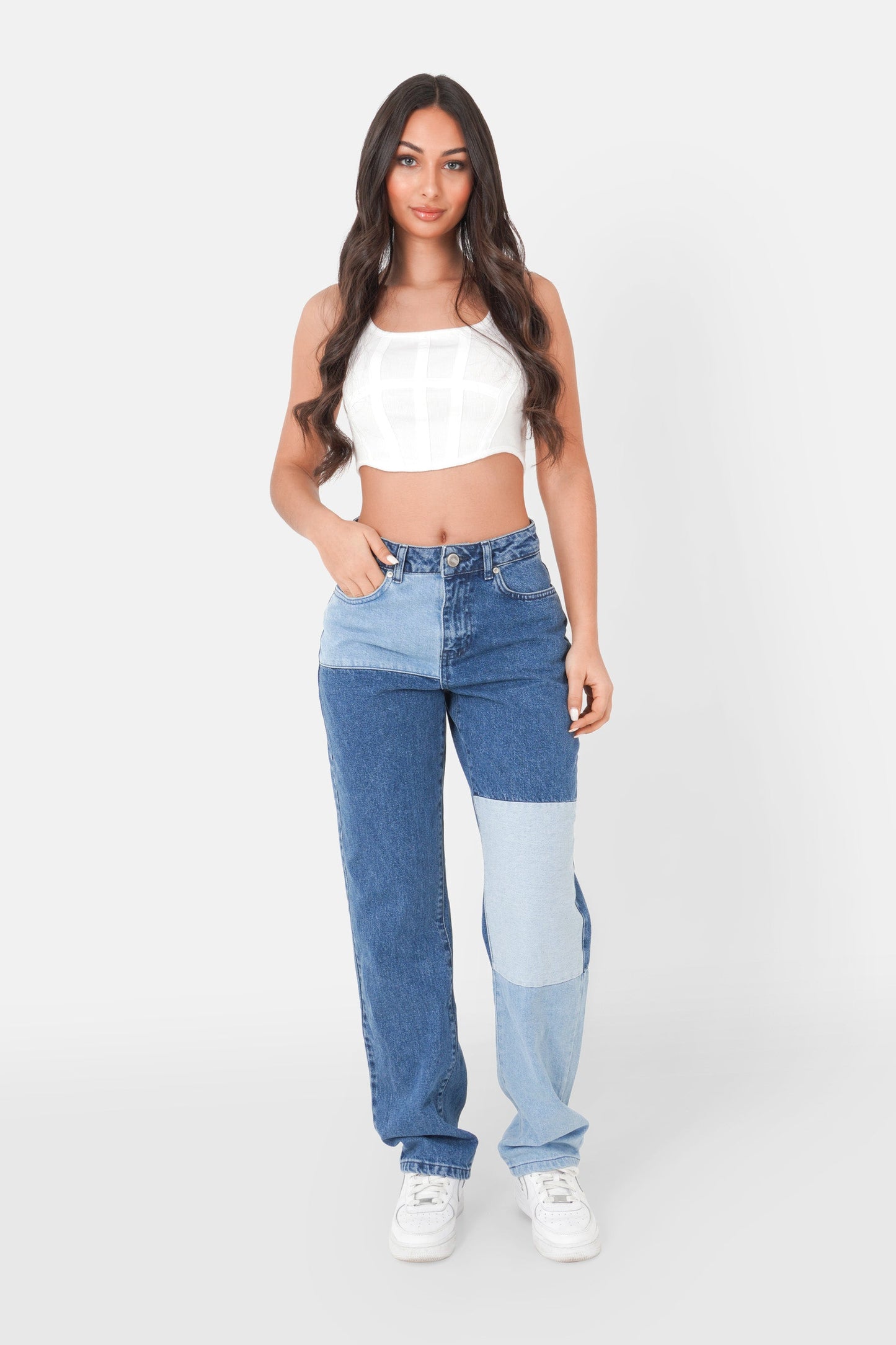 Three-coloured patchwork jeans Blue